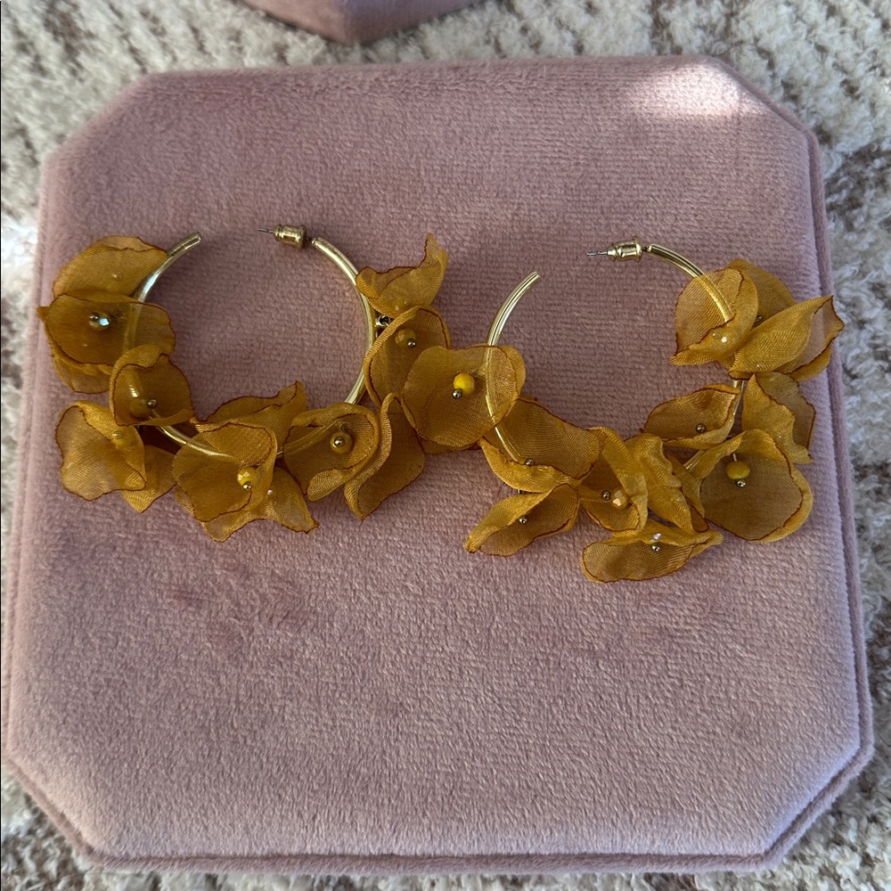 Gold Floral Hoop Earrings Mustard Petal Statement | Boho Romantic Drop Earrings